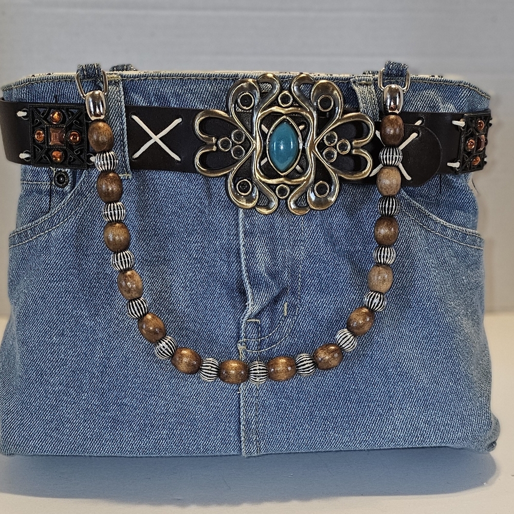 Western Y2k Denim & Bead Vintage Bag Boho Handbag Blue Jean